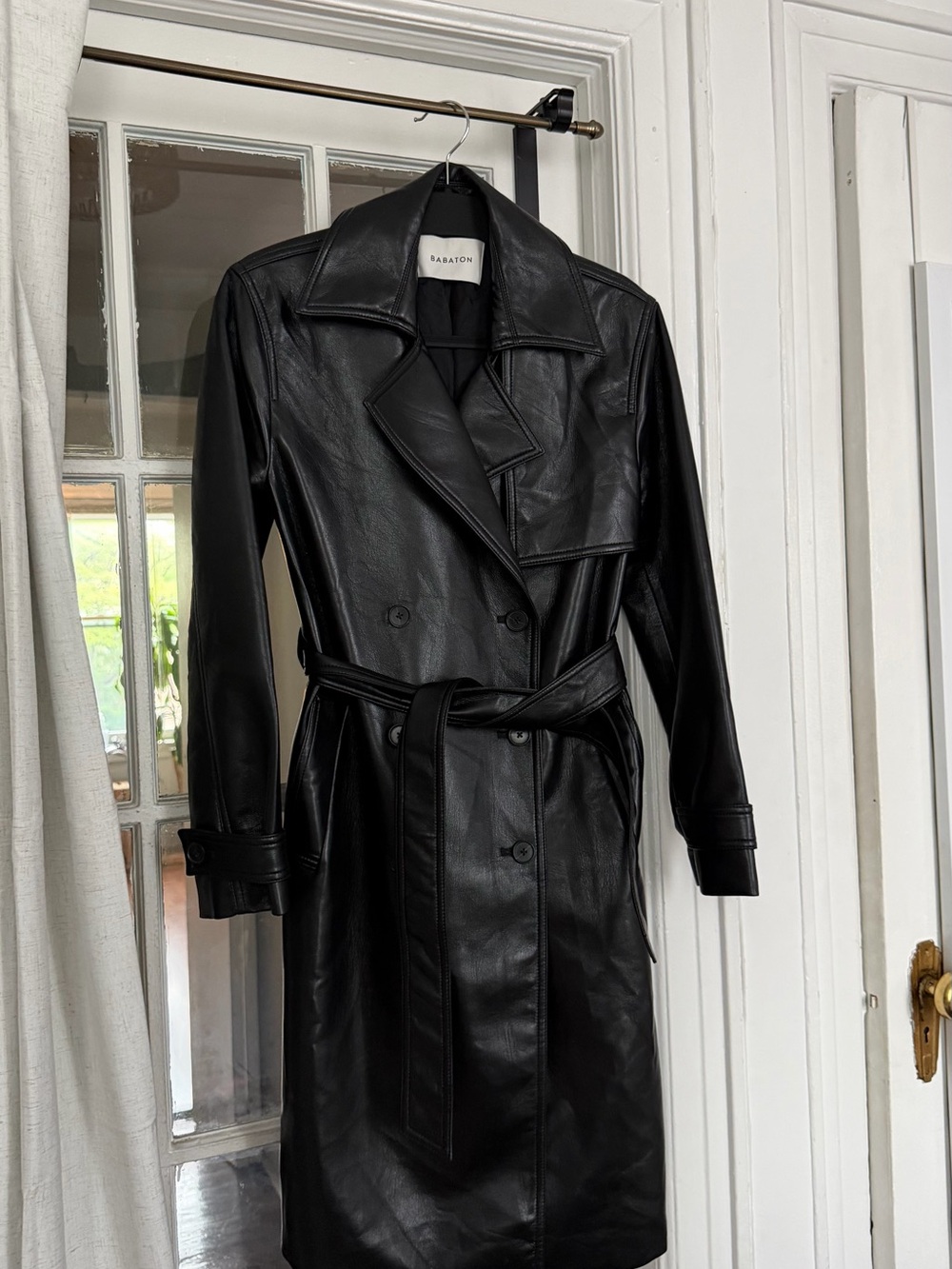 Aritzia Black Faux Leather Trench with Belted Waist